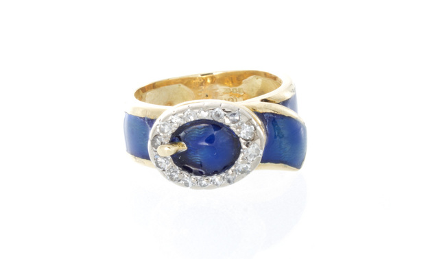 Estate Blue Enamel and Diamond Buckle Ring image 2